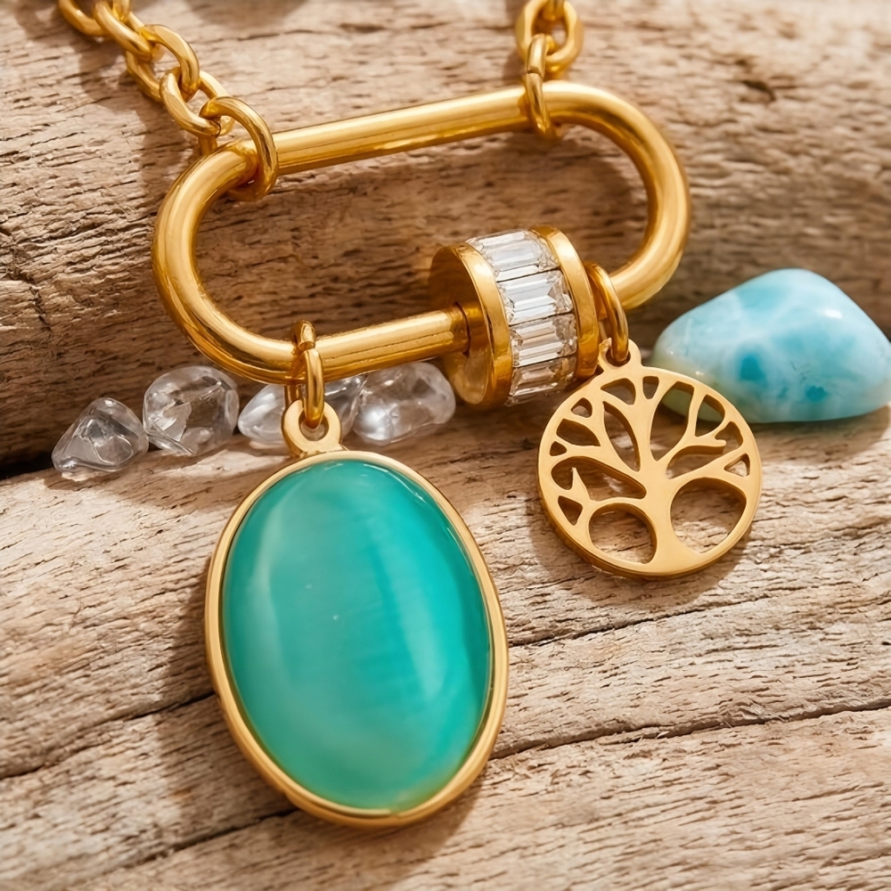 18K Gold Plated Layered Turquoise Crystal Tree Of Life Necklace Boho Chic Gift - Picture 12 of 17